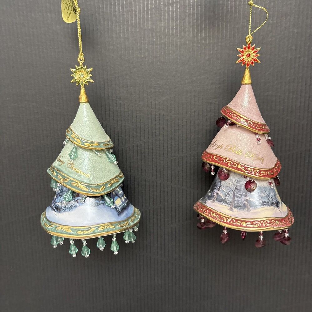 Thomas Kinkade Classic Ornaments, Decorated Christmas Tree, Sleigh Bells, Merry